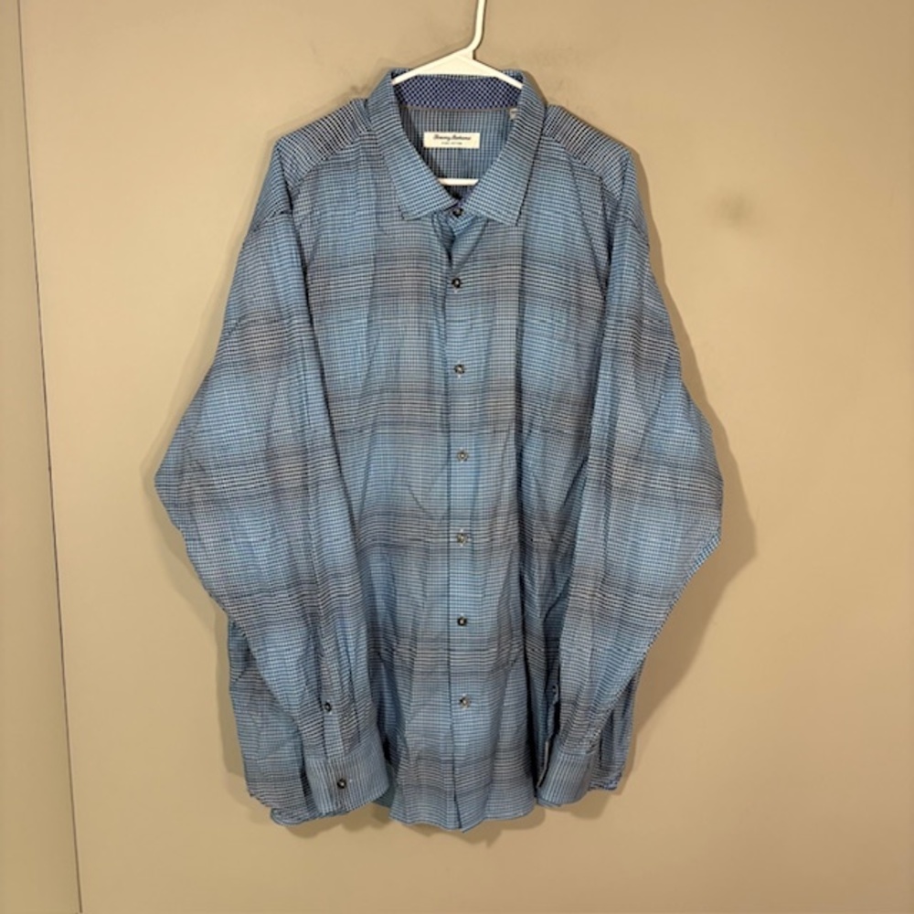 Tommy Bahama Shirt Mens 2XL Blue Check Long Sleeve Button Up Pima Cotton Casual